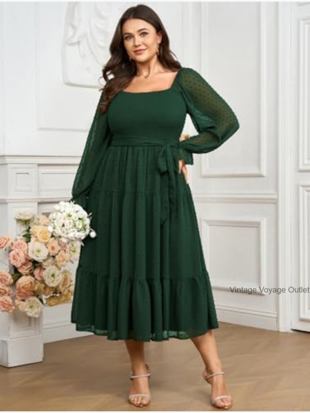 Women's Plus Size Long Sleeve Square Neck Chiffon Smocked A Line Ruffle - Picture 3 of 7
